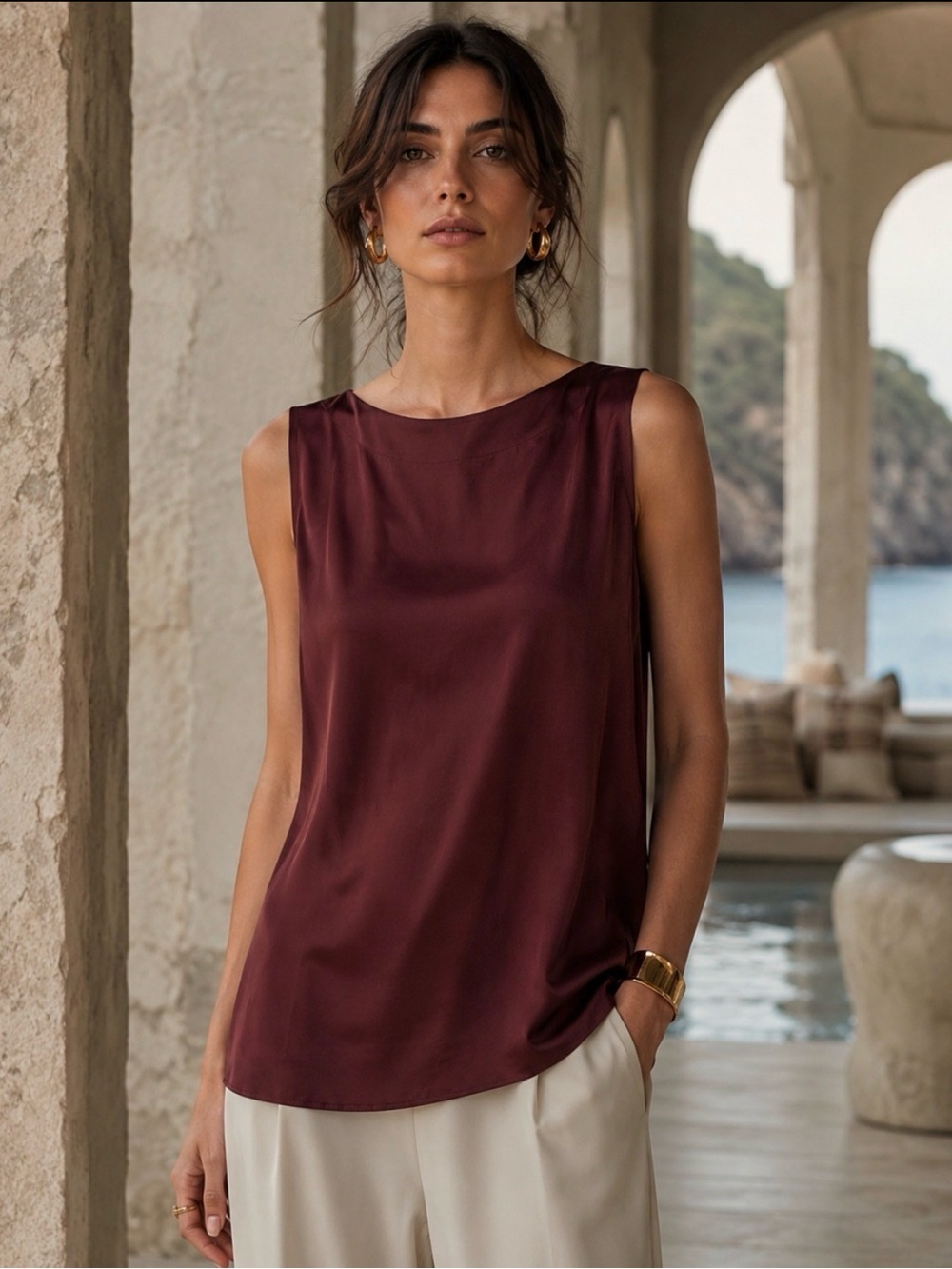 Roberto Collina luxury Italian silk tunic tank top burgundy made in Italy